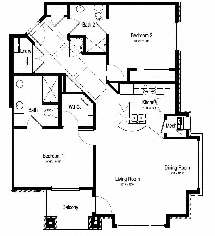 Floor plan for 2 beds, 2 baths, 1231 sqft